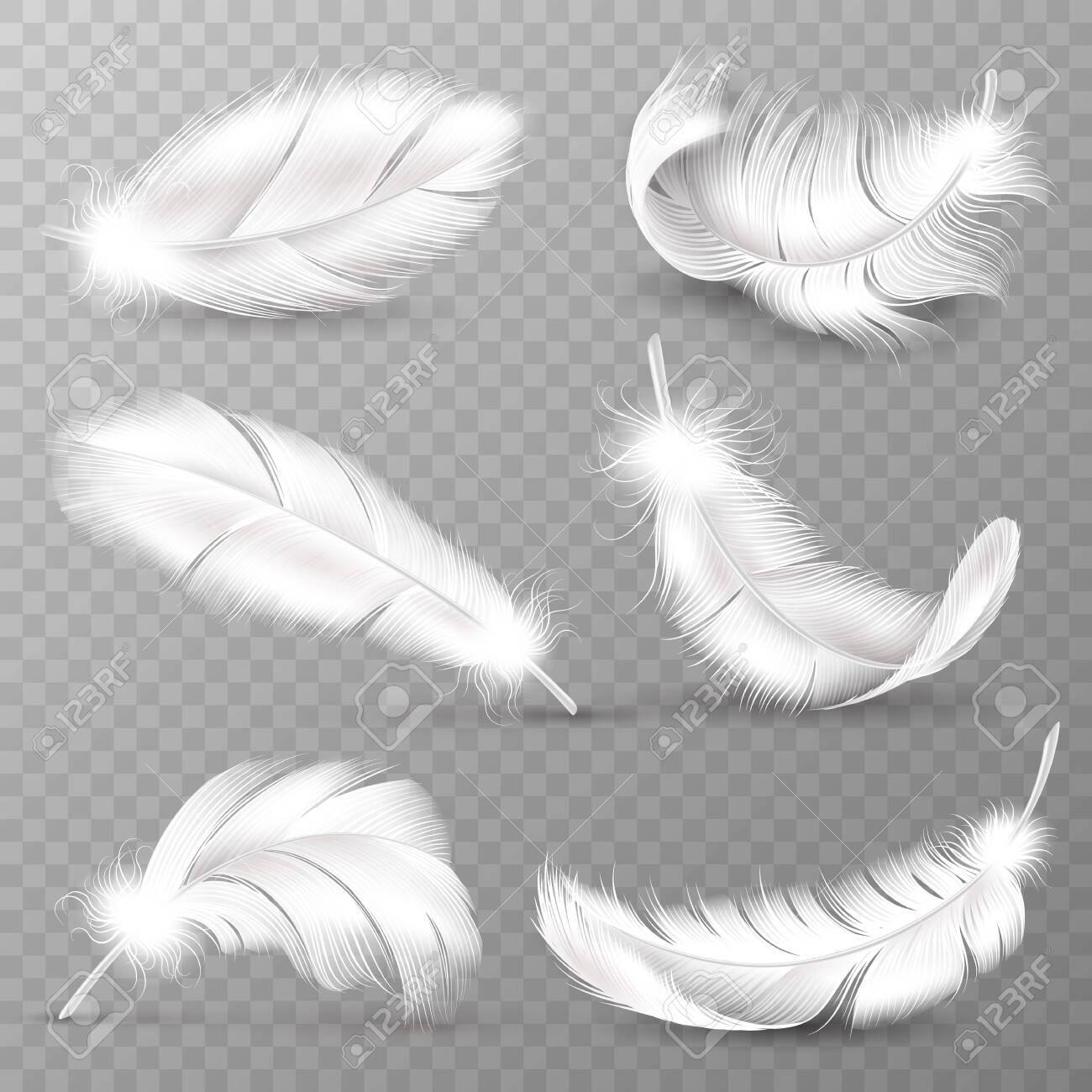 Realistic white feathers. Birds plumage, falling fluffy twirled feather, flying angel wings feathers. Realistic isolated vector easy transparent goose animal plume logo set - 130071686 Realistic white feathers. Birds plumage, falling fluffy twirled feather, flying angel wings feathers. Realistic isolated vector easy transparent goose animal plume logo set - 130071686
