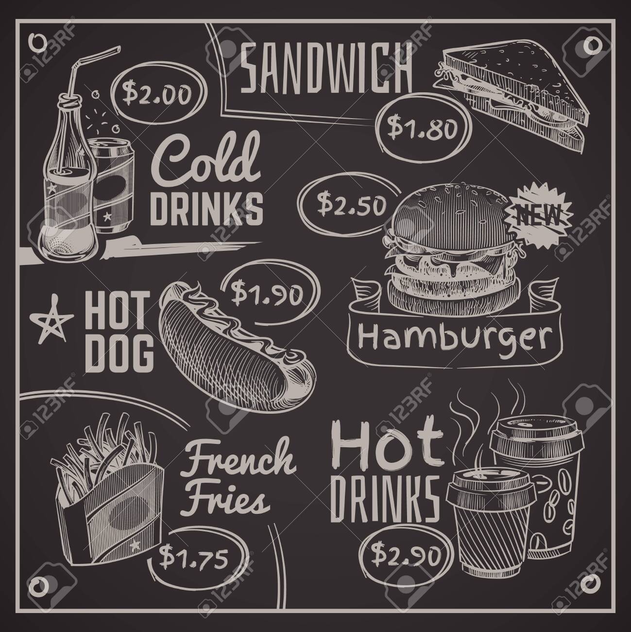 ファーストフードメニュー コーヒー ハンバーガー ホットドッグ ドーナツとフライドポテト アイスクリームとコーラ サンドイッチ チョーク描画レストランベクトル書き込み黒板タイポグラフィデザインイラスト のイラスト素材 ベクタ Image