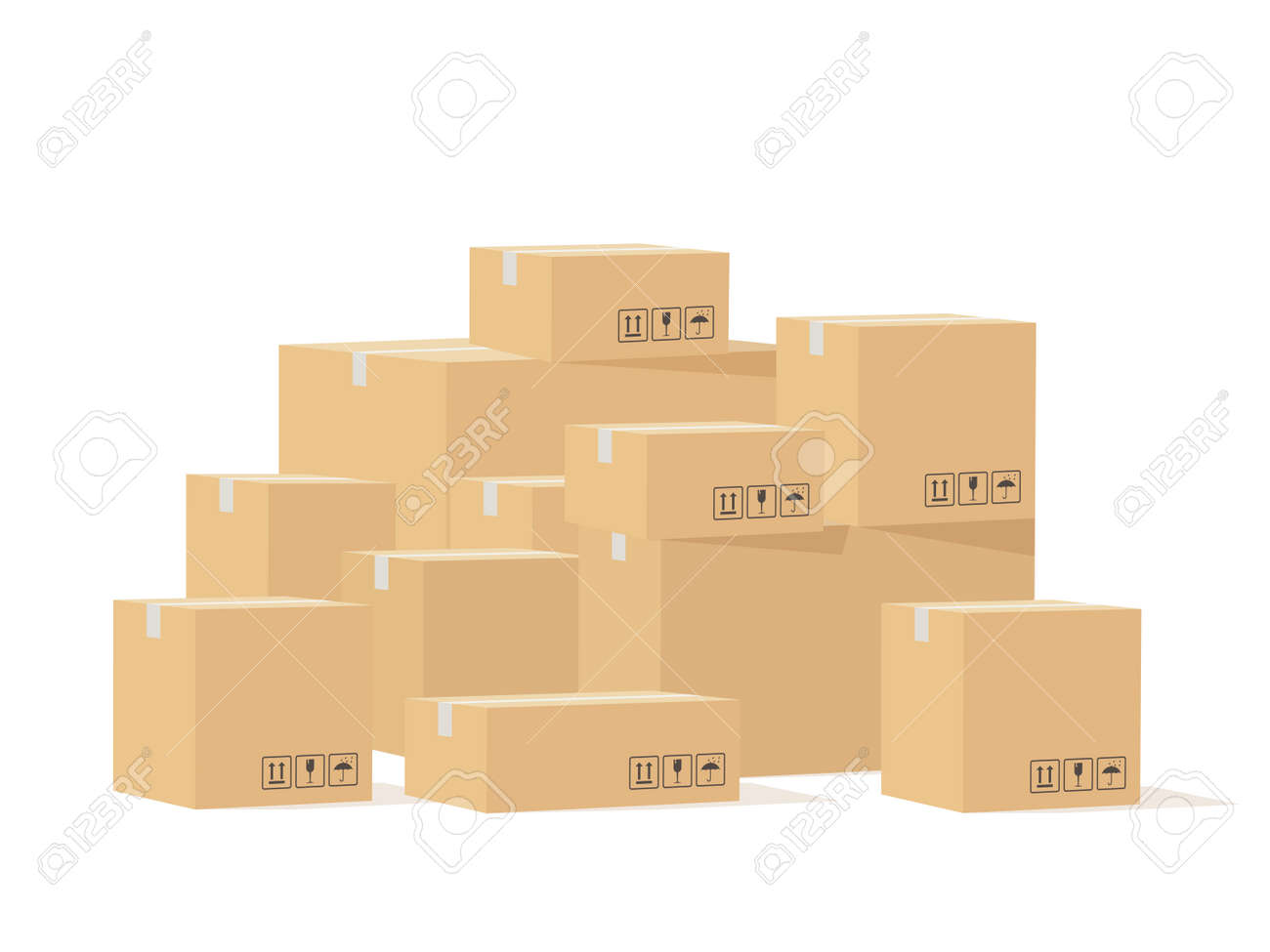 Box pile. Cardboard boxes different size with fragile signs, shipping goods carton package, stockpile cargo storage, industry shipment, delivery vector isolated concept - 150900273 Box pile. Cardboard boxes different size with fragile signs, shipping goods carton package, stockpile cargo storage, industry shipment, delivery vector isolated concept - 150900273