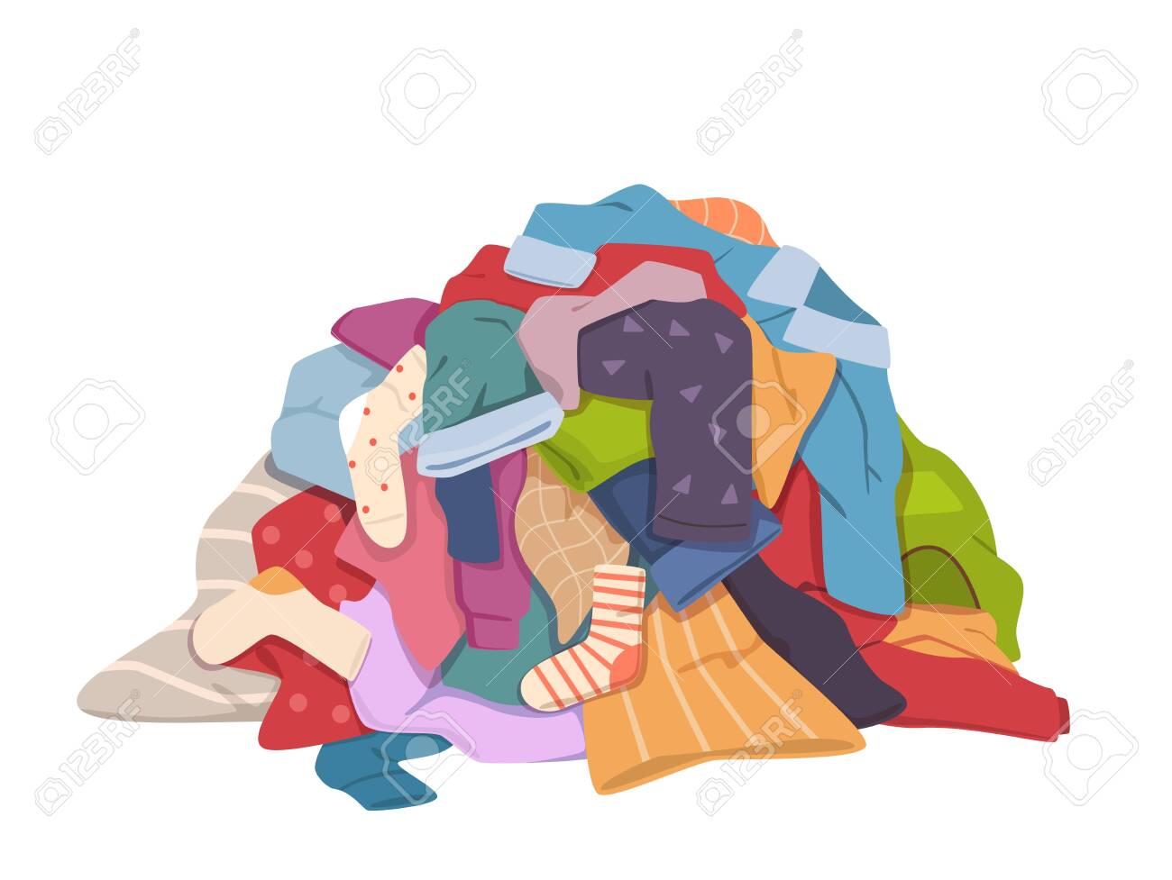 Dirty clothes pile. Messy laundry heap with stains, different soiled smelly apparel, soiled fabric old shorts, t-shirts and socks on floor. Laundry vector isolated colorful concept - 152394627 Dirty clothes pile. Messy laundry heap with stains, different soiled smelly apparel, soiled fabric old shorts, t-shirts and socks on floor. Laundry vector isolated colorful concept - 152394627