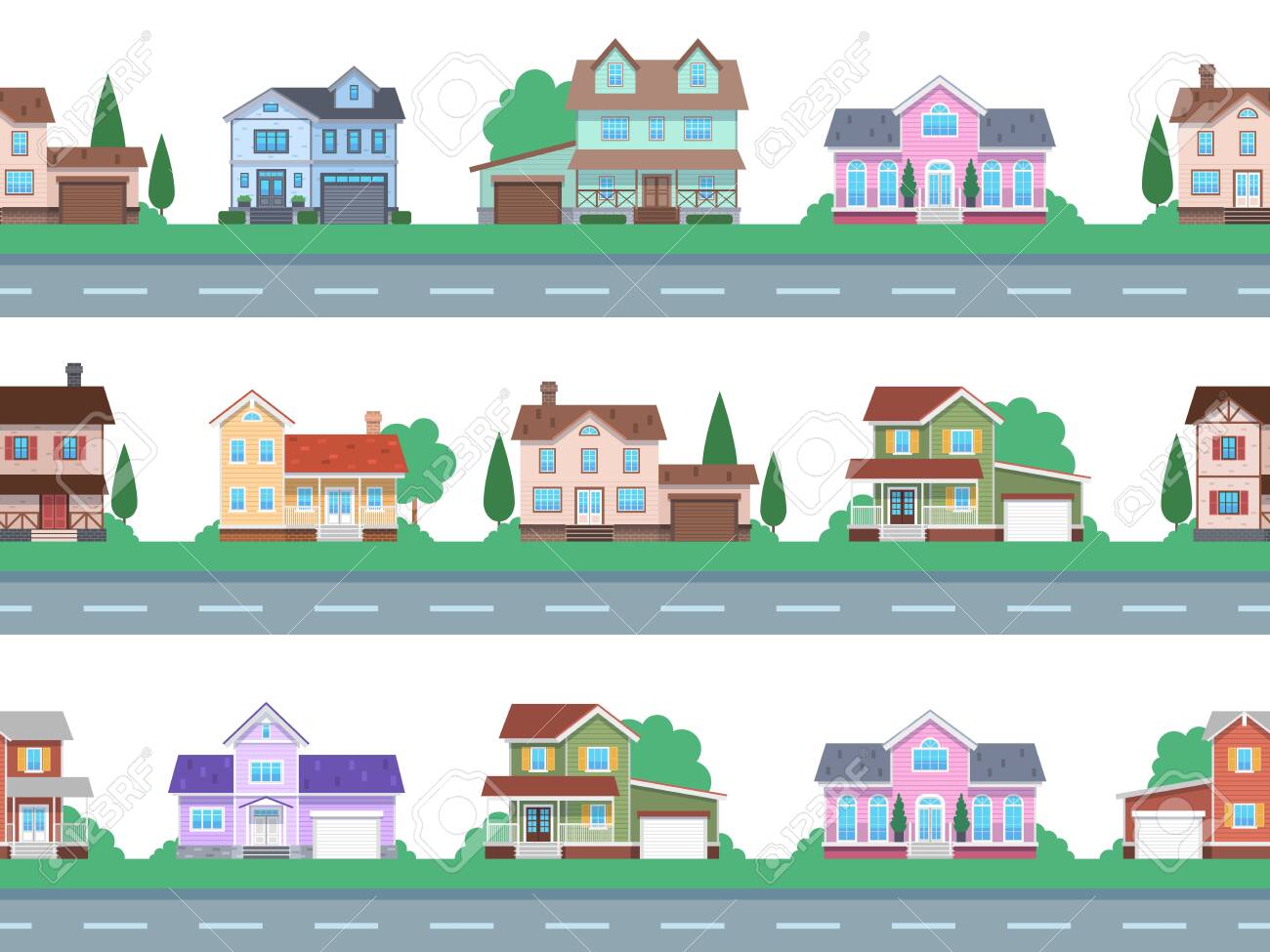 Houses on road. Home facades, cottage or suburban townhouse, front view family house with garage and terrace, architecture real estate modern design, cartoon seamless flat vector pattern and borders - 154561551 Houses on road. Home facades, cottage or suburban townhouse, front view family house with garage and terrace, architecture real estate modern design, cartoon seamless flat vector pattern and borders - 154561551