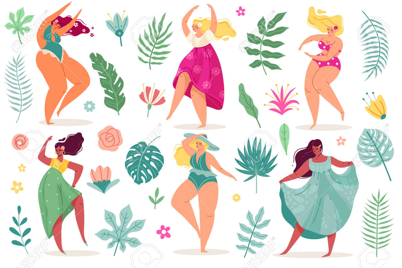 Summer flowers women. Pretty body positive dance young girls in dresses and swimsuits with long hair, tropical exotic leaves and flowers. Vector modern cartoon flat style isolated set - 171265369 Summer flowers women. Pretty body positive dance young girls in dresses and swimsuits with long hair, tropical exotic leaves and flowers. Vector modern cartoon flat style isolated set - 171265369
