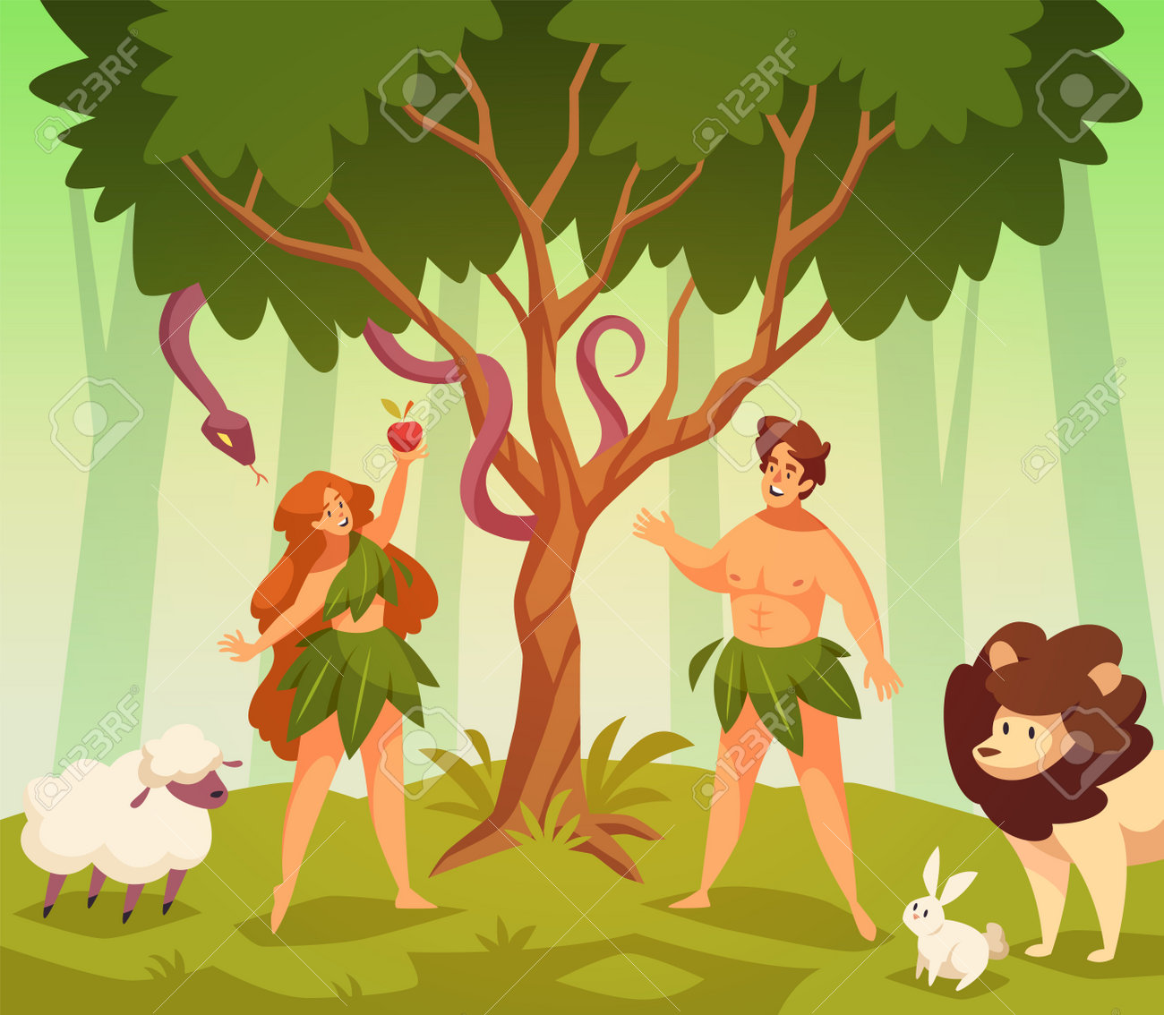 Adam and eve. Bible story scene first man and woman in garden eden, knowledge good and evil, snake of temptation and apple. Couple stand under tree. Religion scene vector cartoon concept - 171265371 Adam and eve. Bible story scene first man and woman in garden eden, knowledge good and evil, snake of temptation and apple. Couple stand under tree. Religion scene vector cartoon concept - 171265371