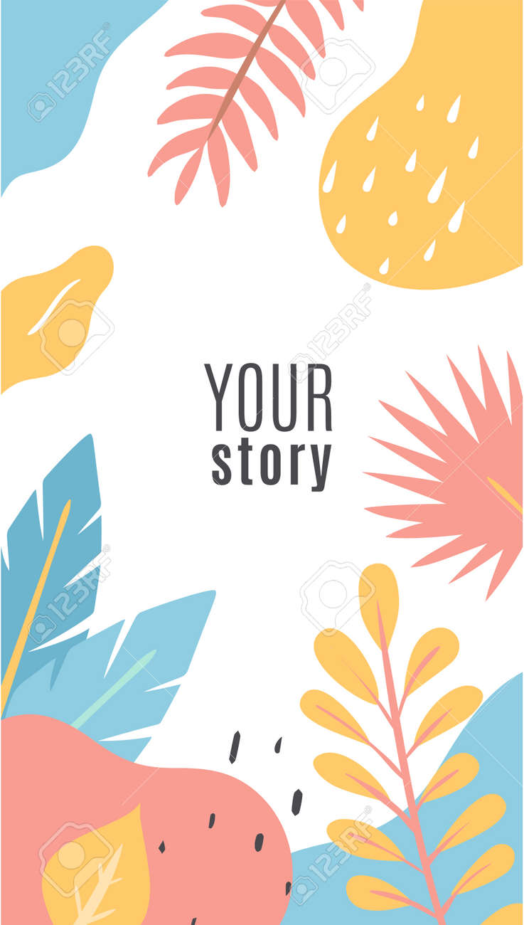 Floral cover design. Social networks posts. Multicolor abstract shapes. Palm tree branches and leaves. Doodle banner with decorative natural elements and copy space. Vector illustration - 171599868 Floral cover design. Social networks posts. Multicolor abstract shapes. Palm tree branches and leaves. Doodle banner with decorative natural elements and copy space. Vector illustration - 171599868