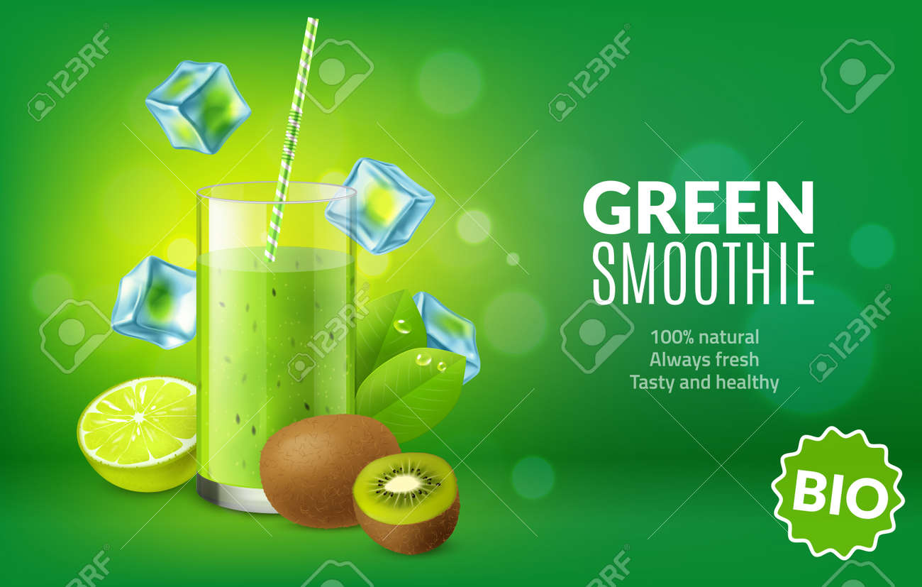 Fruit juice poster. Realistic green kiwi and lime fresh in glass. Bright advertising banner. Cocktail straw in cold smoothie drink and ice cubes. Natural healthy beverage. Vector concept - 171599879 Fruit juice poster. Realistic green kiwi and lime fresh in glass. Bright advertising banner. Cocktail straw in cold smoothie drink and ice cubes. Natural healthy beverage. Vector concept - 171599879