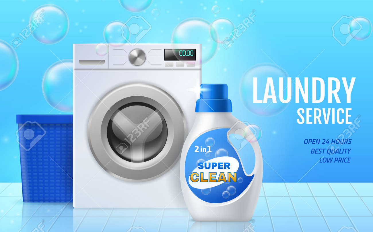 Laundry service. Washing machines equipment and preparations. Professional cleaning and caring of clothes. Soap bubbles. Washer and bottle with detergent. Vector advertising banner - 171599880 Laundry service. Washing machines equipment and preparations. Professional cleaning and caring of clothes. Soap bubbles. Washer and bottle with detergent. Vector advertising banner - 171599880