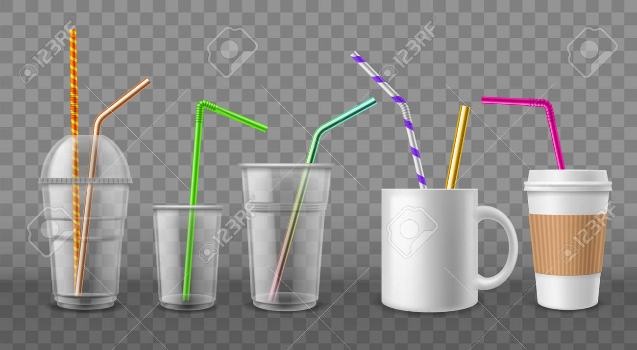 Cups with straws. Realistic disposable mugs. 3D ceramic and cardboard utensil with metal or plastic beverage tubes. Drinking bar devices mockup. Vector coffee or cocktail tableware set - 171599882 Cups with straws. Realistic disposable mugs. 3D ceramic and cardboard utensil with metal or plastic beverage tubes. Drinking bar devices mockup. Vector coffee or cocktail tableware set - 171599882