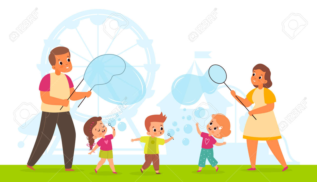 Bubbles show. Cute happy children and adults blowing soap bubbles in park. Cartoon kids and parents playing with air foam balls. Summer family vacation. Outdoor leisure. Vector concept - 171599891 Bubbles show. Cute happy children and adults blowing soap bubbles in park. Cartoon kids and parents playing with air foam balls. Summer family vacation. Outdoor leisure. Vector concept - 171599891