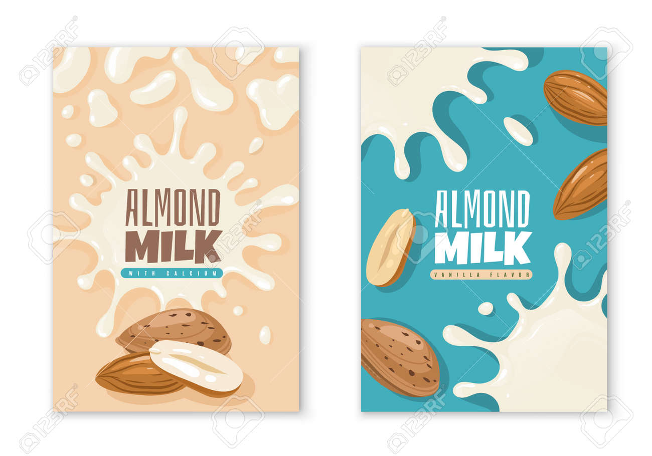 Almond milk labels. Dairy product package design template. Vegan diet organic beverages advertising. Liquid blots and nuts. Natural vegetarian healthy nutrition. Vector packaging stickers mockup set - 171599905 Almond milk labels. Dairy product package design template. Vegan diet organic beverages advertising. Liquid blots and nuts. Natural vegetarian healthy nutrition. Vector packaging stickers mockup set - 171599905