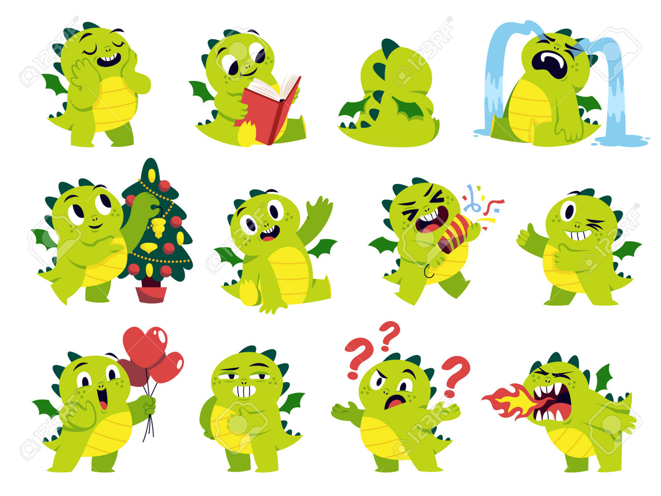 Baby Funny Dragon Character. Cartoon Dino Mascot, Different Activities And  Emotions, Cute Fairytale Animal, New Year Symbol, Chinese Mythology  Creature In Different Poses. Tidy Vector Set Royalty Free SVG, Cliparts,  Vectors, and