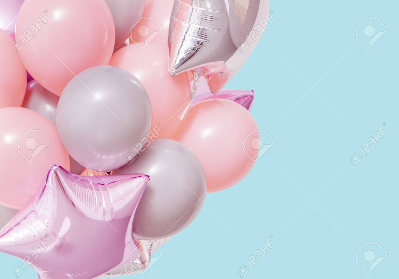 pink birthday air balloons on mint background with mockup stock pink birthday background