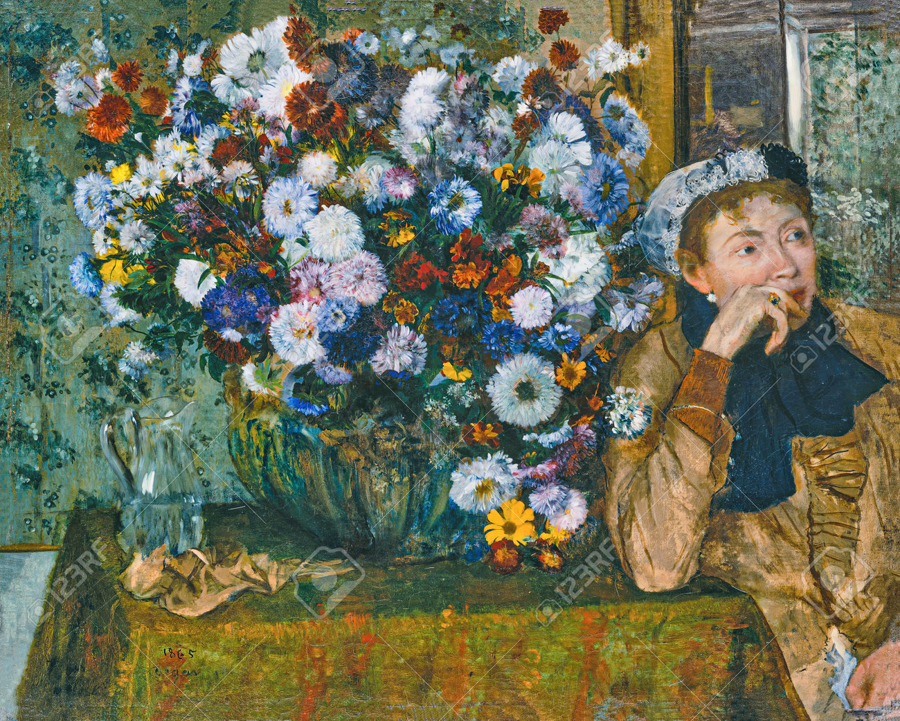 【ご予約品】 エドガー・ドガ、花の花瓶の横に座っている女性（マダム・ポール 絵画