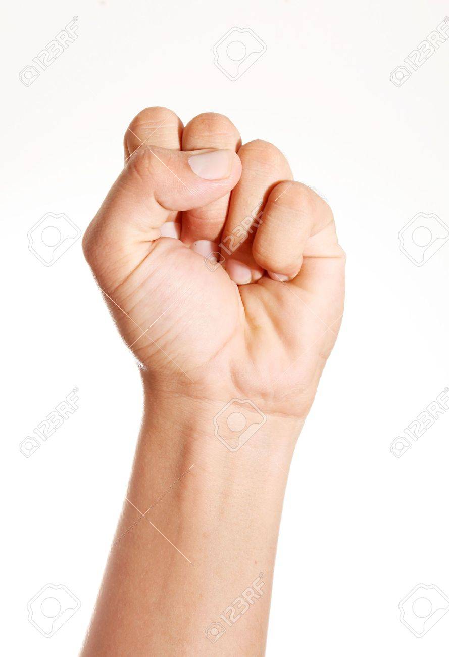Hand clenched in front of the camera over white background - 6661254 Hand clenched in front of the camera over white background - 6661254
