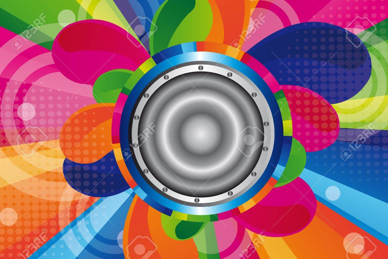オレンジ 青 ピンク 緑のカラフルなスピーカーの背景 のイラスト素材 ベクタ Image