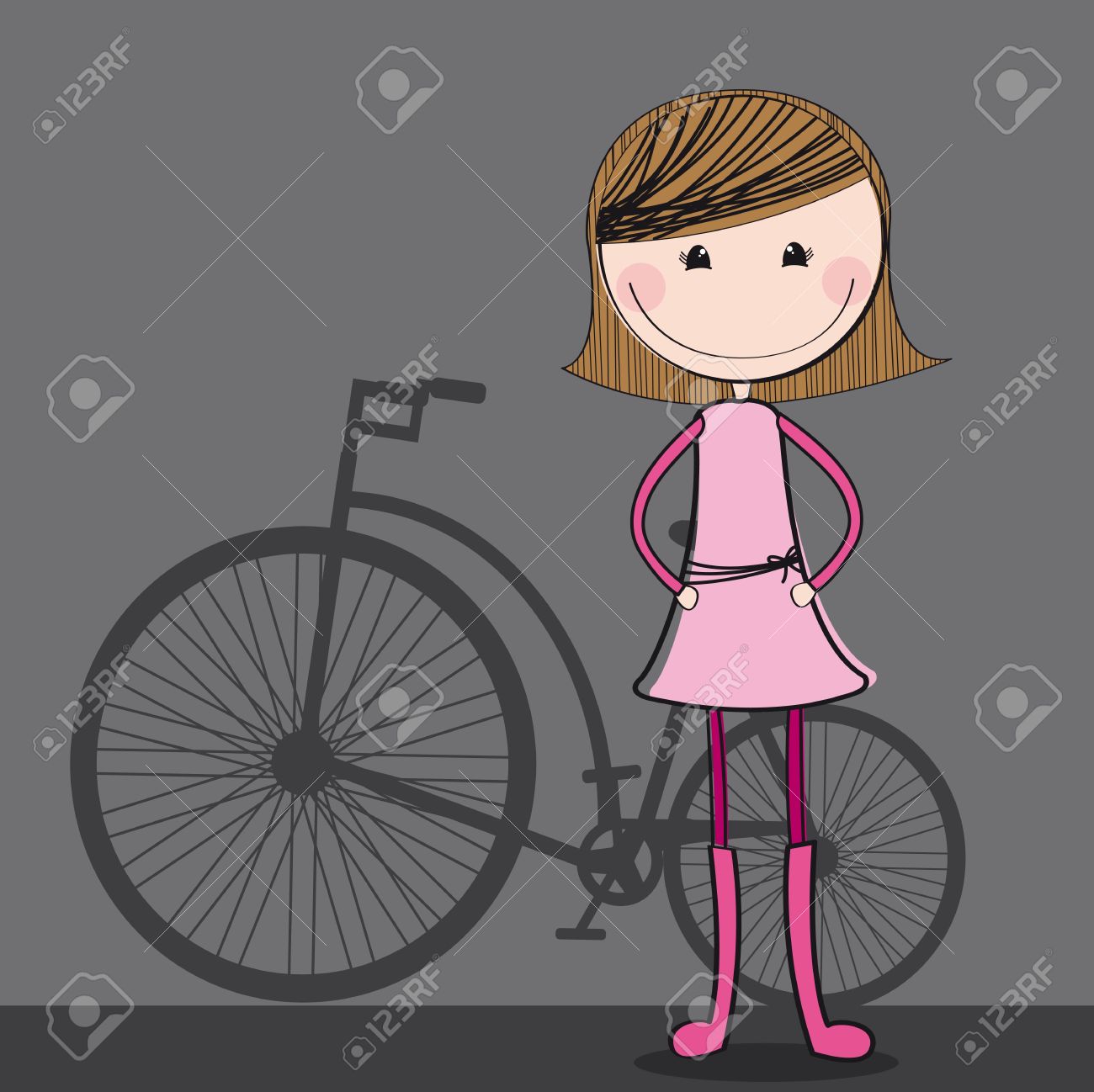 灰色の背景上の自転車とかわいい女の子 図のイラスト素材 ベクタ Image