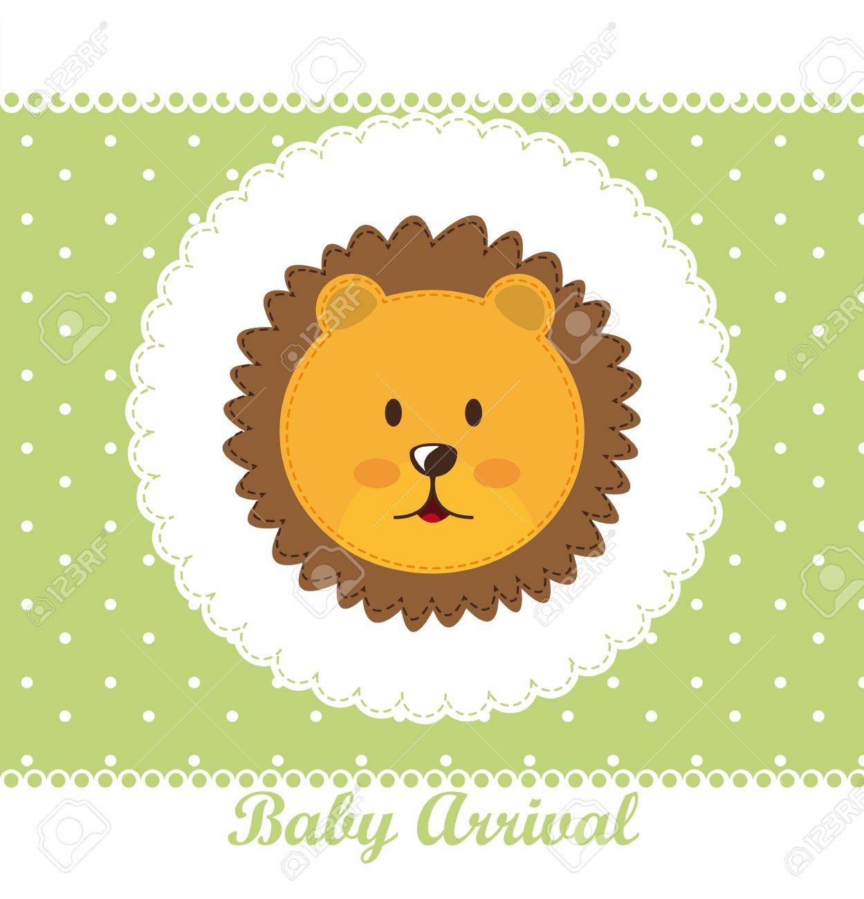 グリーン カードの上の顔かわいいライオンの赤ちゃんの到着 のイラスト素材 ベクタ Image