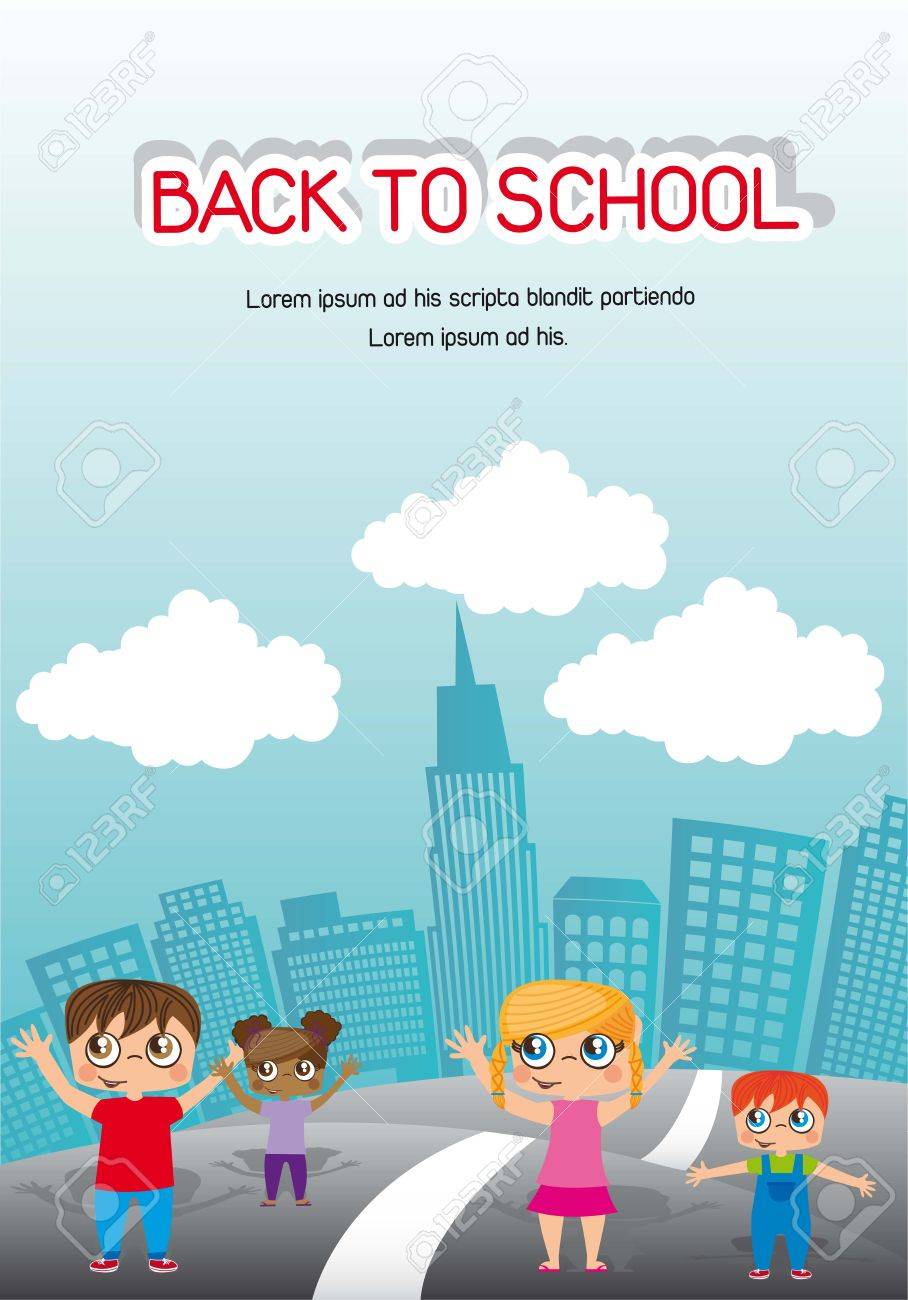 子供たちと学校に戻る発表ベクトル イラストのイラスト素材 ベクタ Image