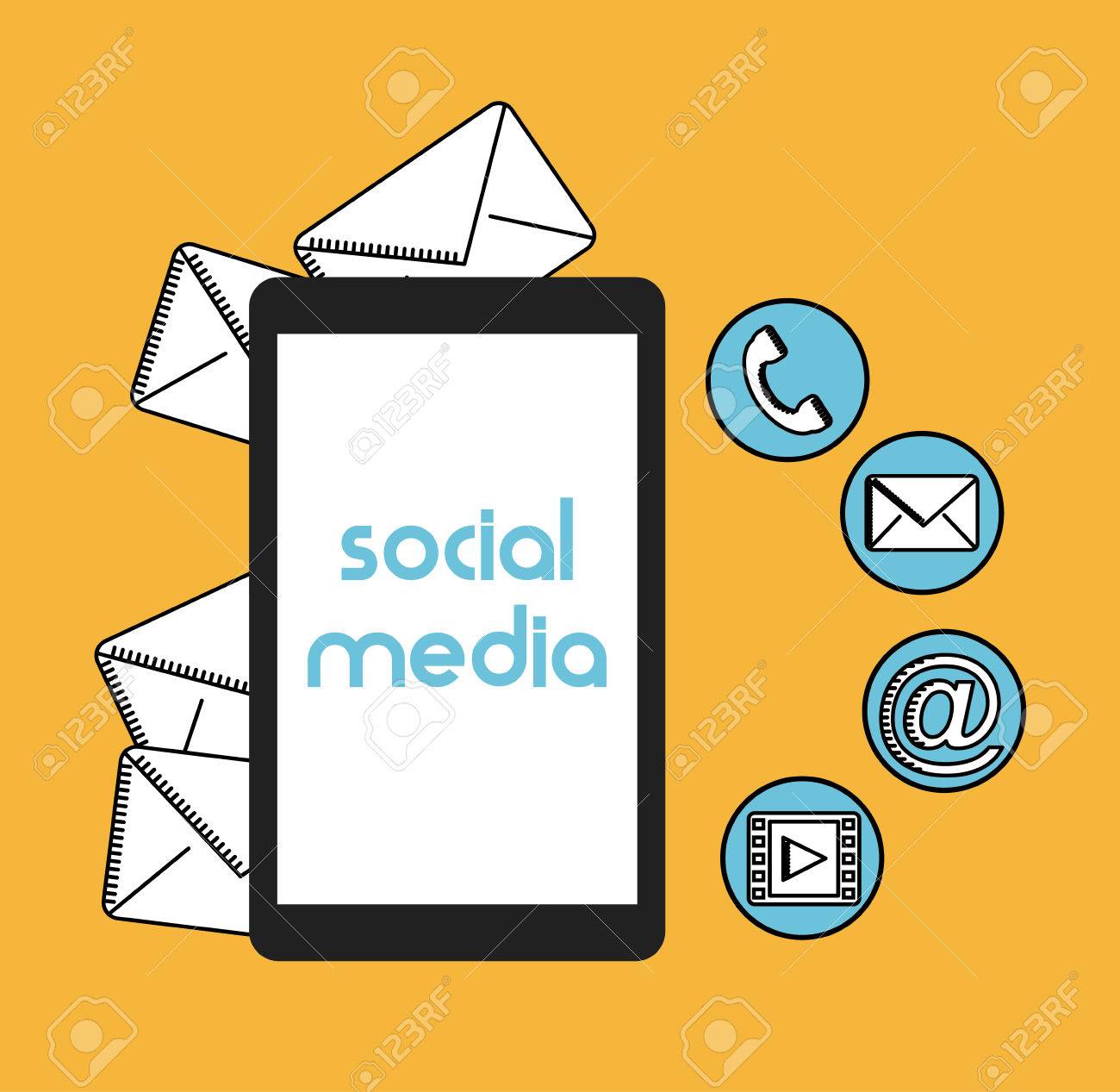 Ilustración de un smartphone con iconos de comunicacion digital: correo, llamada, video y redes sociales