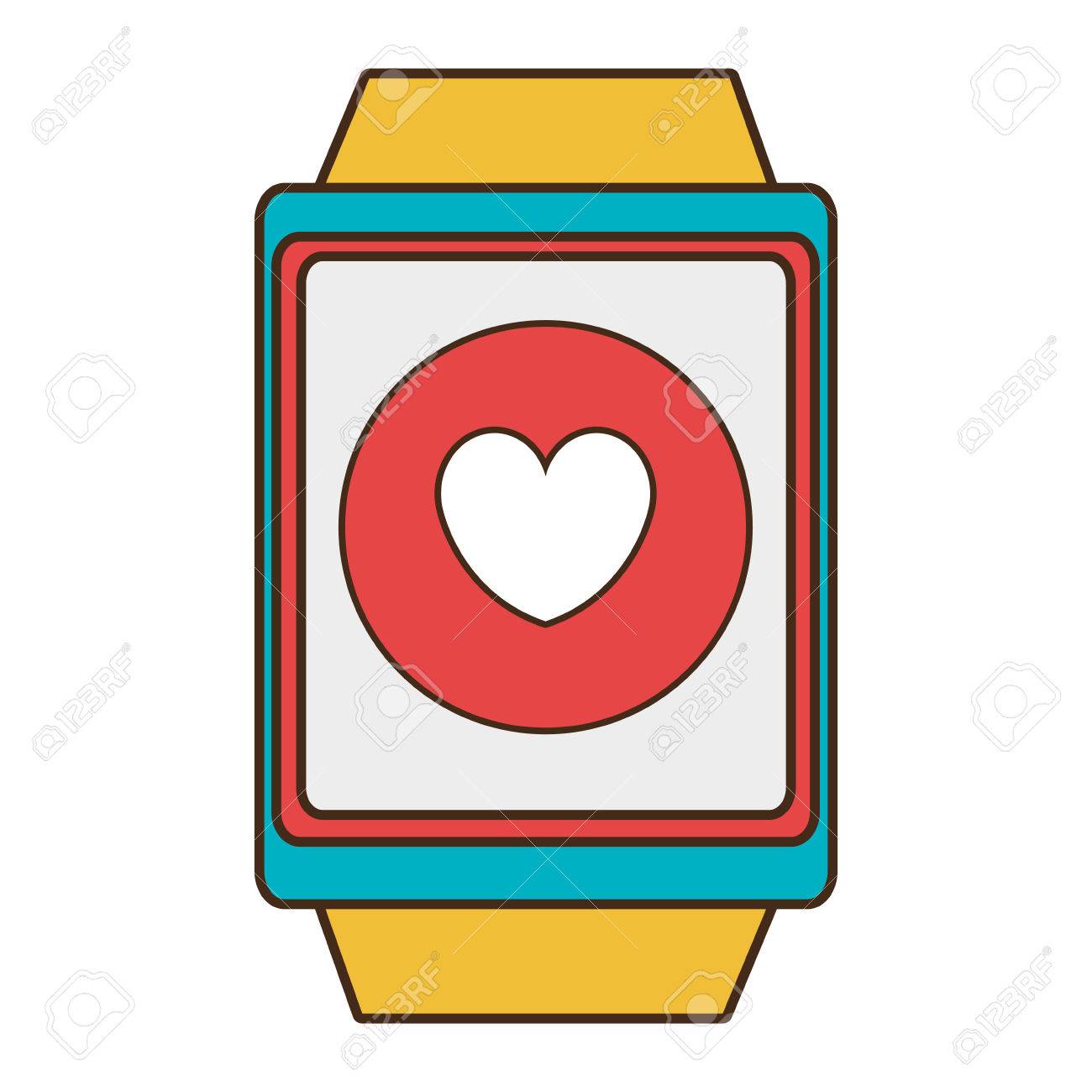 孤立した背景 技術コンセプト ベクトル イラスト ハートのアイコンを画面の中に赤い丸の青と赤のフレームで黄色の時計のイラスト素材 ベクタ Image