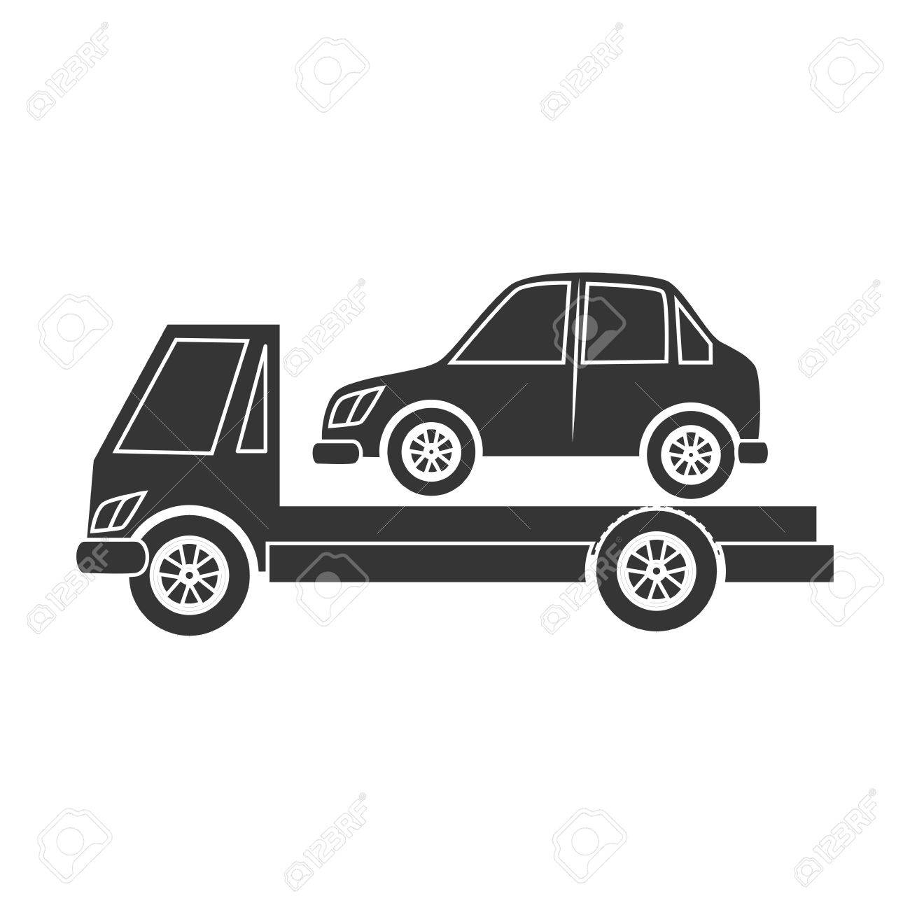 truck towing car black and white colors isolated flat icon royalty