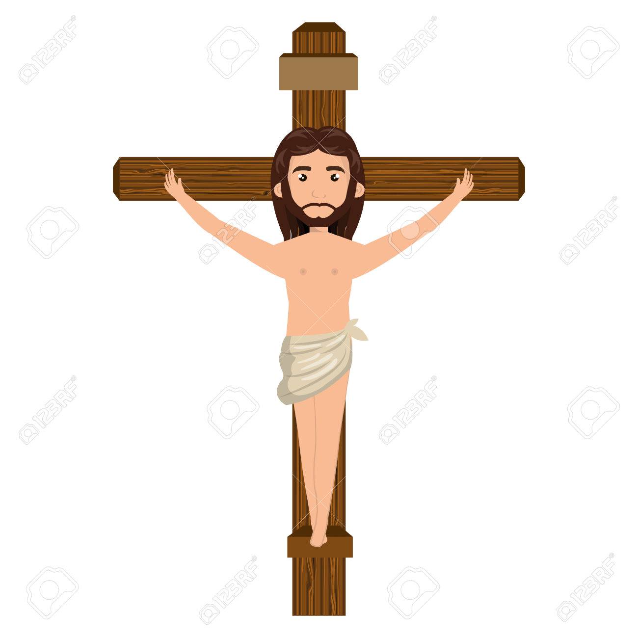 十字架クロスの漫画にイエス キリストの男 カトリックの宗教 ベクトル図のイラスト素材 ベクタ Image