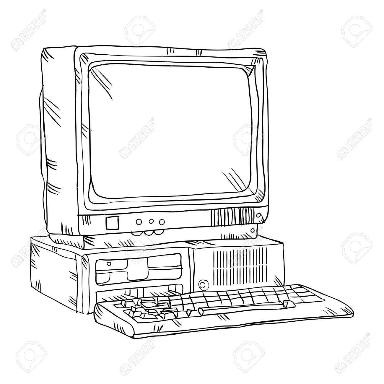 Ordinateur Rétro Avec Moniteur De Clavier Et Processeur Ancien Appareil Technologique Dessin Dessiné Illustration Vectorielle