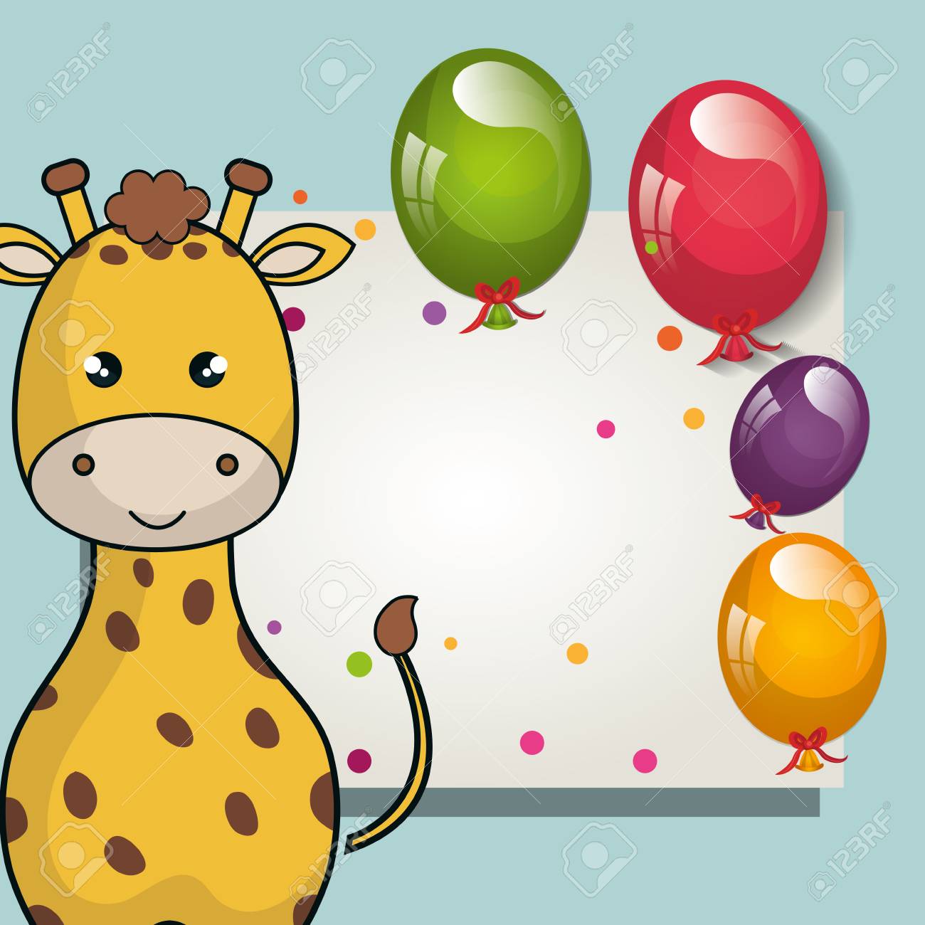Card With Cute Giraffe Animal And Ballons And Party Decorations