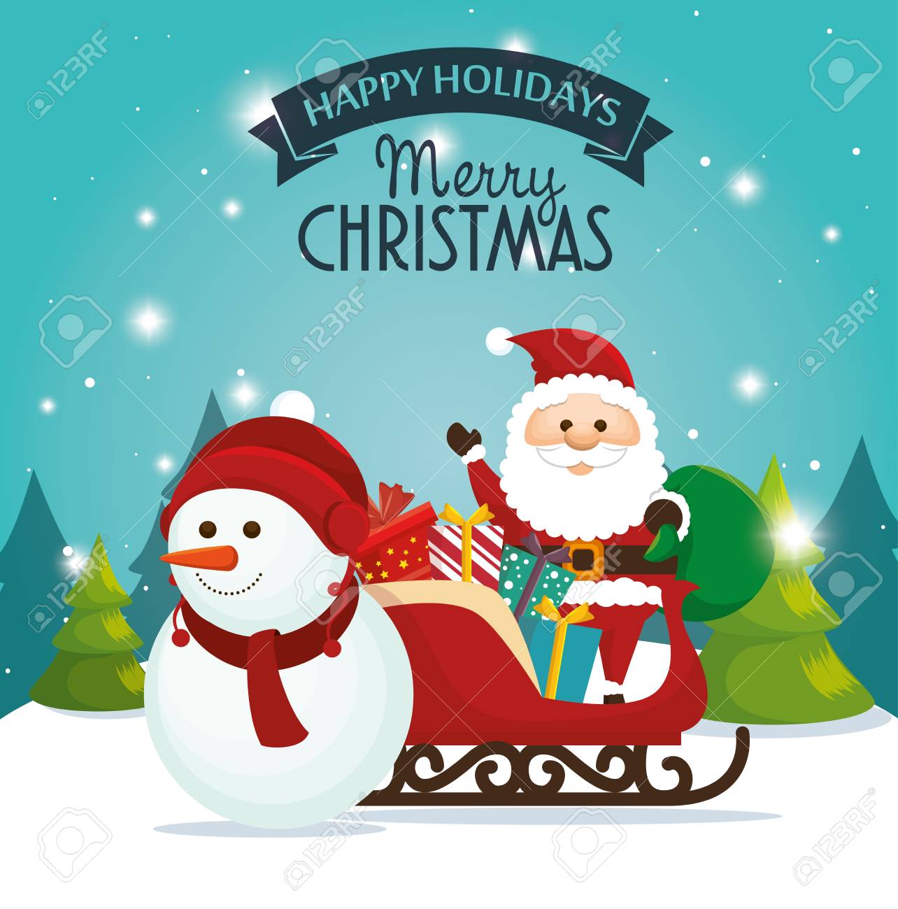 Belle Carte Joyeuses Fetes De Noel Pere Bonhomme De Neige Et Traineau Vecteur Illustration Cadeau Eps 10 Clip Art Libres De Droits Vecteurs Et Illustration Image
