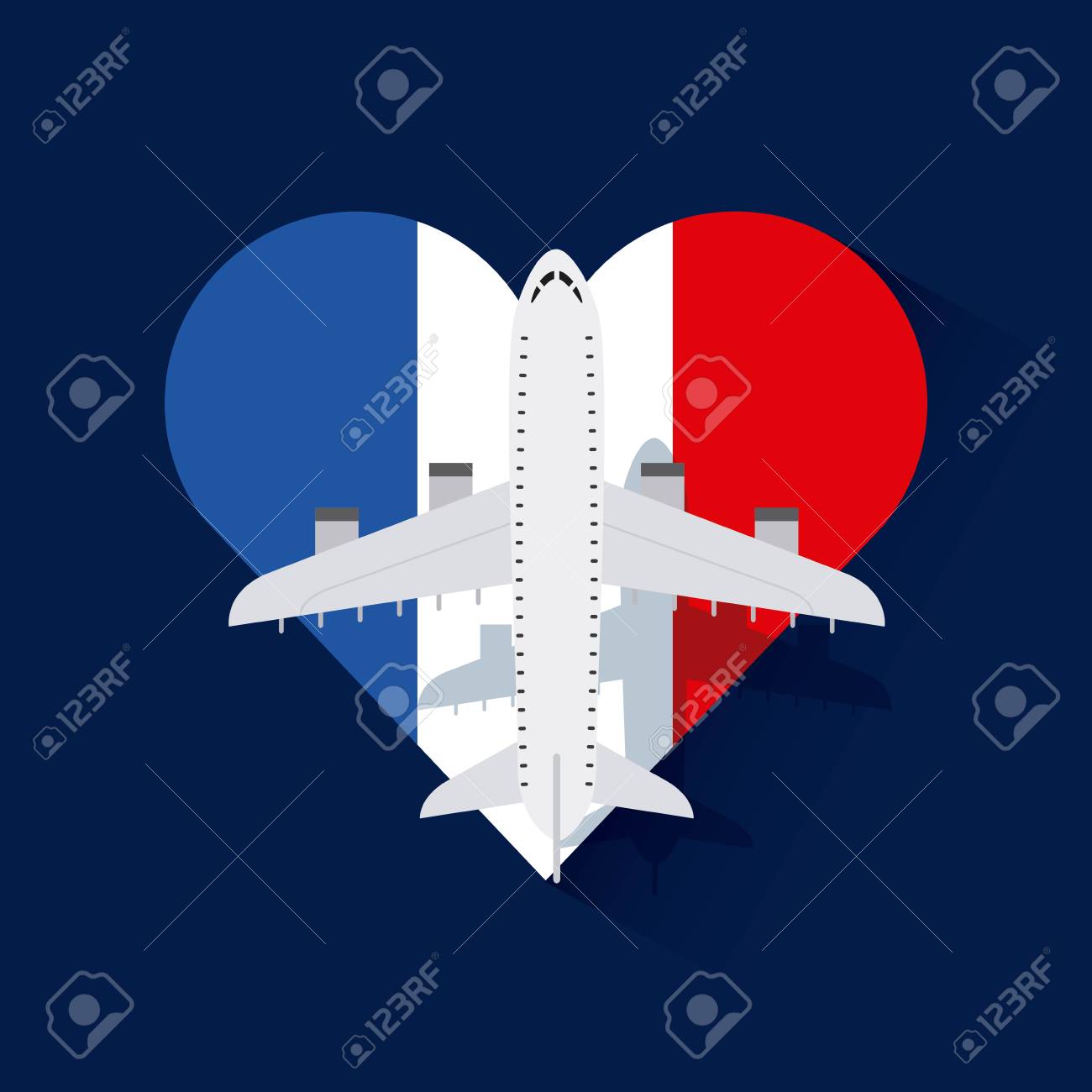 フランスの旗青い背景にハートの形状と飛行機アイコン カラフルなデザイン ベクトル図のイラスト素材 ベクタ Image フランスの旗青い背景にハートの形状と飛行機アイコン カラフルなデザイン ベクトル図のイラスト素材 ベクタ Image