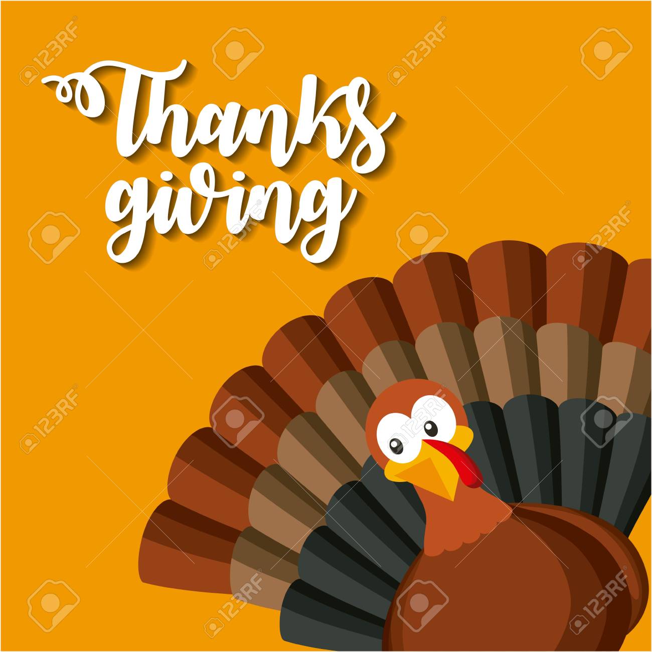 Happy Thanksgiving Card With Cartoon Turkey Icon Over Orange