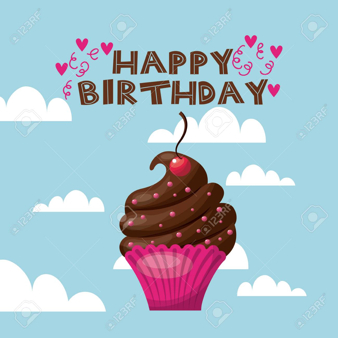 Carte De Joyeux Anniversaire Avec L Icone De Cupcake De Bande Dessinee Sur Fond De Ciel Design Colore Illustration Vectorielle Clip Art Libres De Droits Vecteurs Et Illustration Image