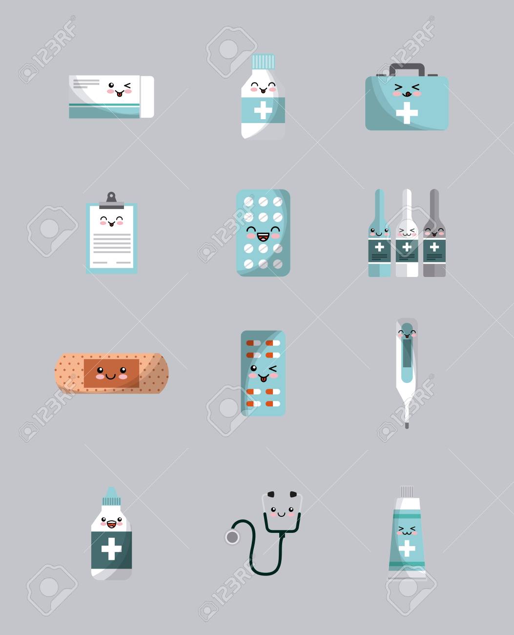 灰色の背景の上のかわいい薬アイコン カラフルなデザイン ベクトル図 のイラスト素材 ベクタ Image