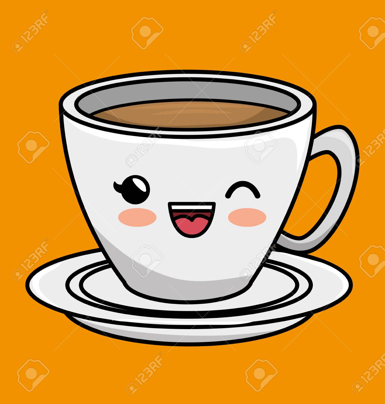 かわいいオレンジ色の背景上のプレートにコーヒーのカップ ベクトルの図 のイラスト素材 ベクタ Image
