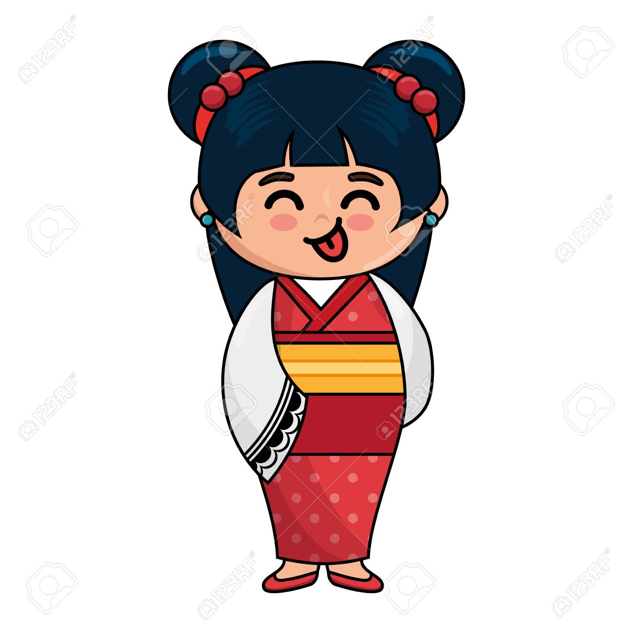 白地カラフルなデザインのベクトル図に着物アイコンを着て可愛い日本人の女の子のイラスト素材 ベクタ Image