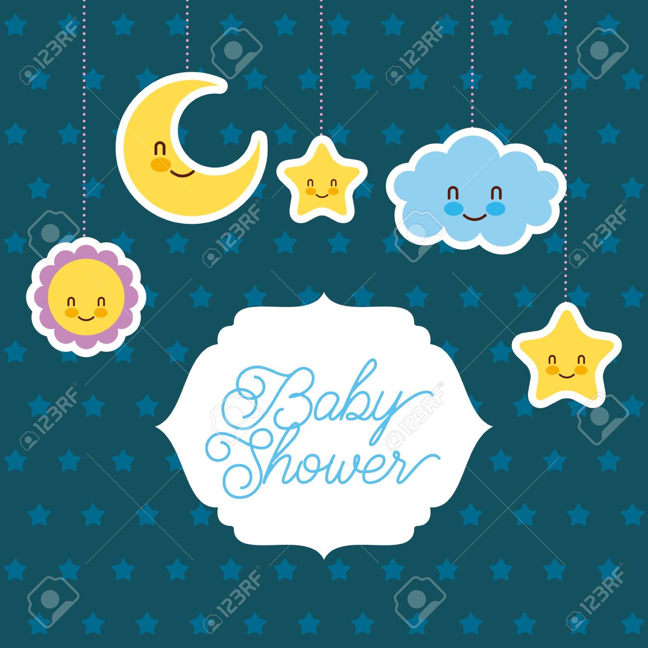 Carte De Douche De Bebe Salutation Dessin Anime Nuage Etoile De Soleil Vecteur Lune Illustration Clip Art Libres De Droits Vecteurs Et Illustration Image