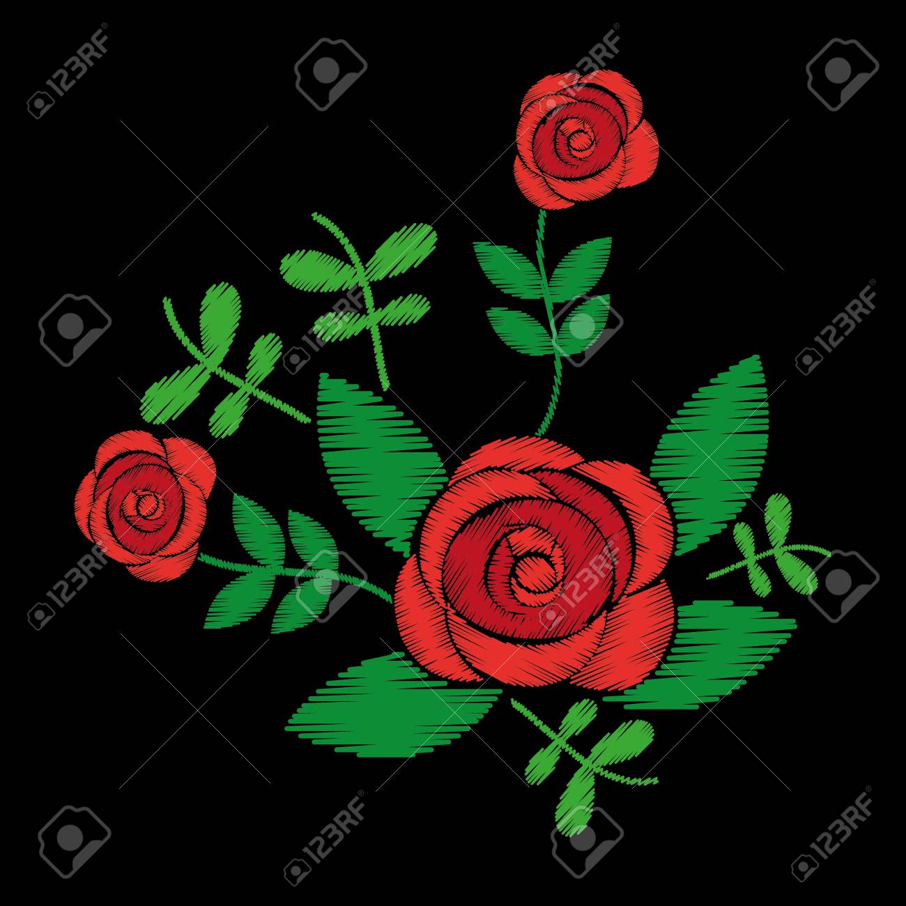 刺繍バラ花の葉パターンファッションブラック背景ベクトルイラスト のイラスト素材 ベクタ Image 刺繍バラ花の葉パターンファッションブラック背景ベクトルイラスト のイラスト素材 ベクタ Image