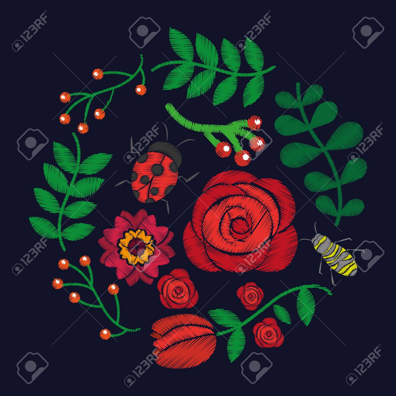 ファッション刺繍ステッチ花と葉花の黒背景ベクトルイラストのイラスト素材 ベクタ Image