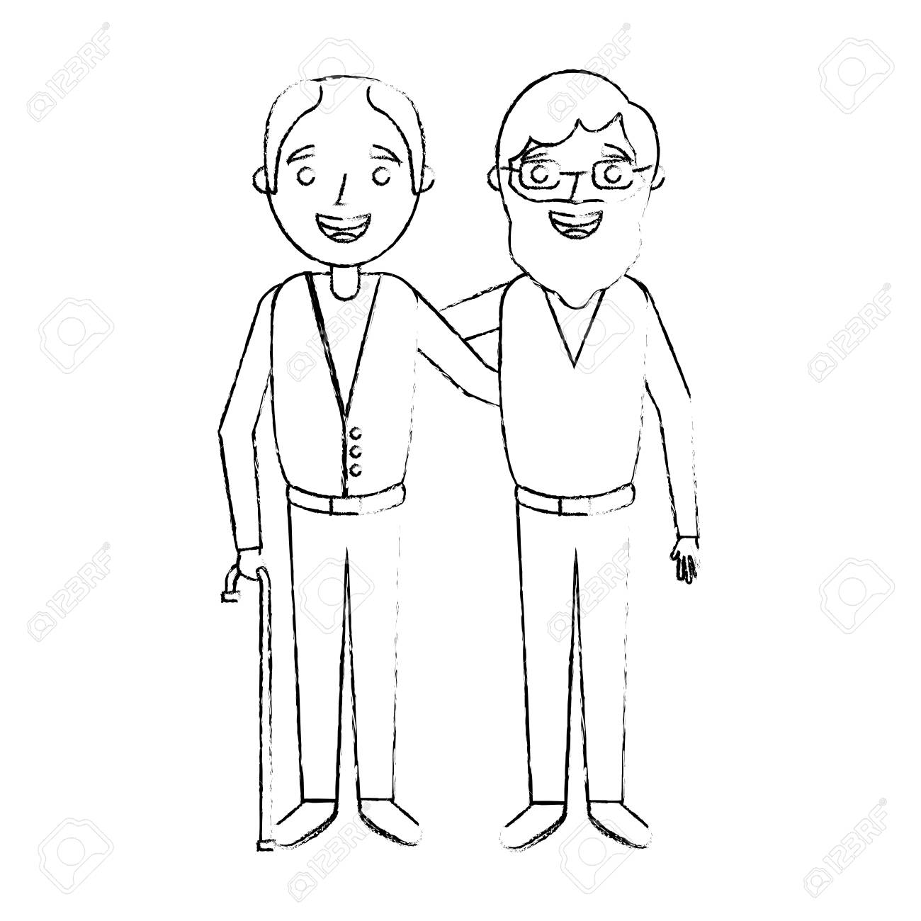 2人の老人の漫画は 一緒に友人を抱きしめたスケッチベクトルイラストのイラスト素材 ベクタ Image