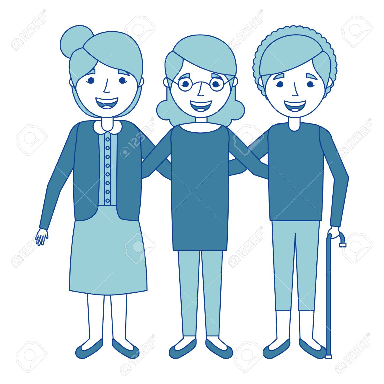 かわいいグループ一緒に青いベクトルイラストを抱きしめるおばあちゃんの女性キャラクターのイラスト素材 ベクタ Image 90694286