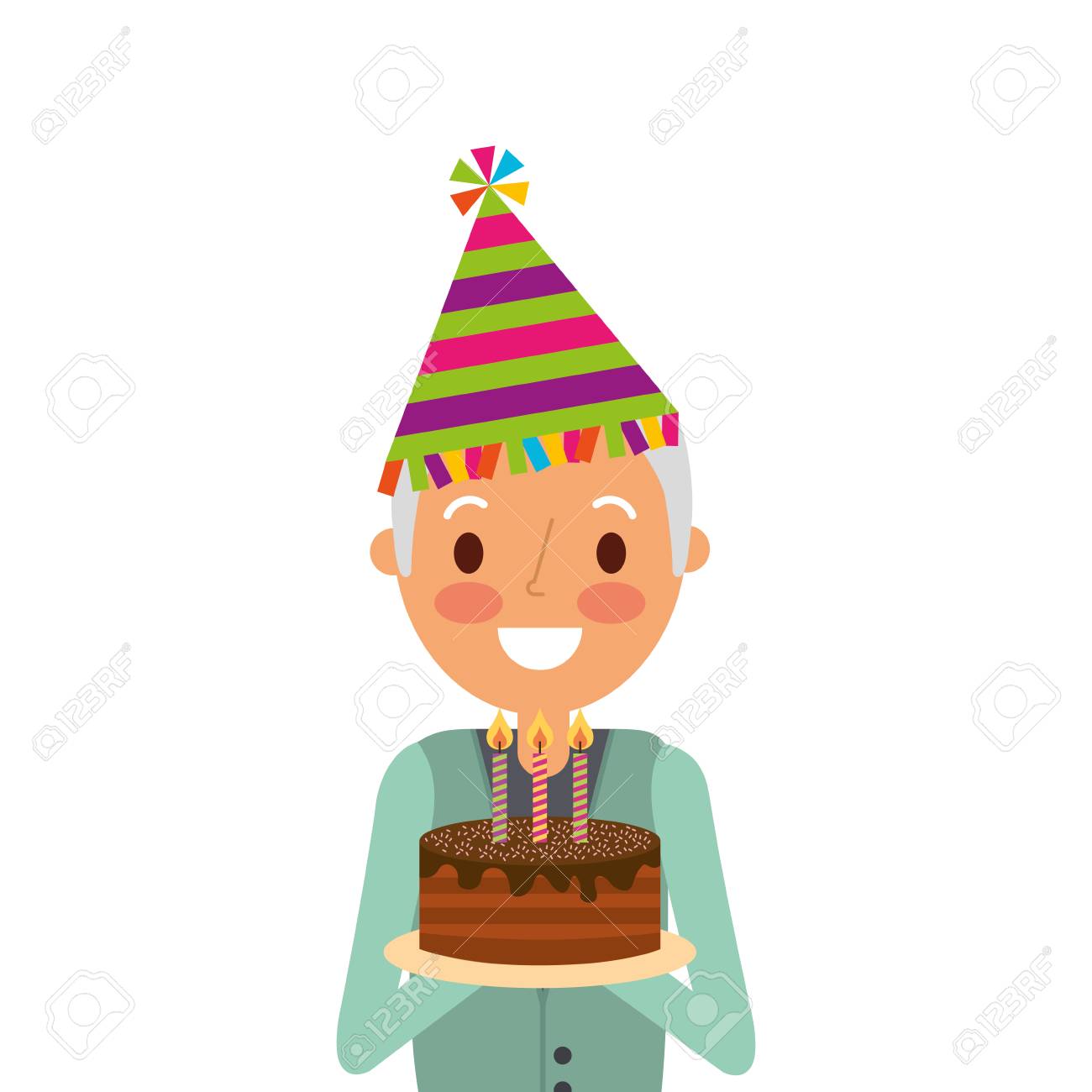 Download Older Man Grandpa Holding Birthday Cake And Party Hat Vector Royalty Free Cliparts Vectors And Stock Illustration Image 91218709