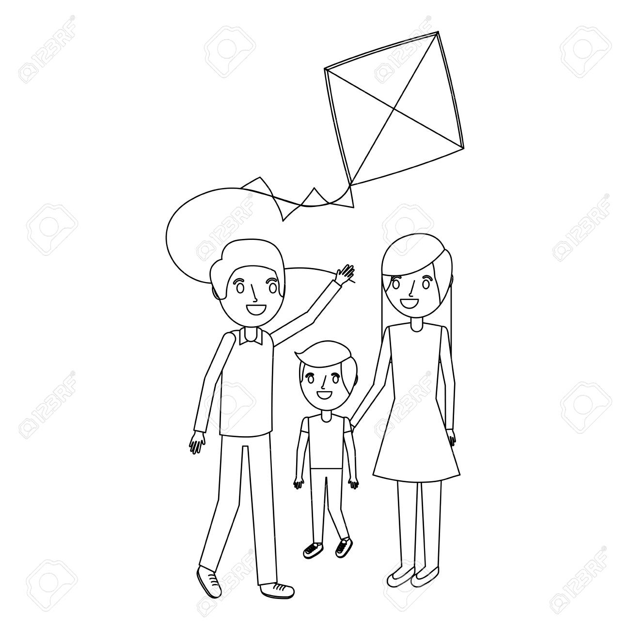 Dad Mom And Son With Kite Play Vector Illustration Outline Royalty