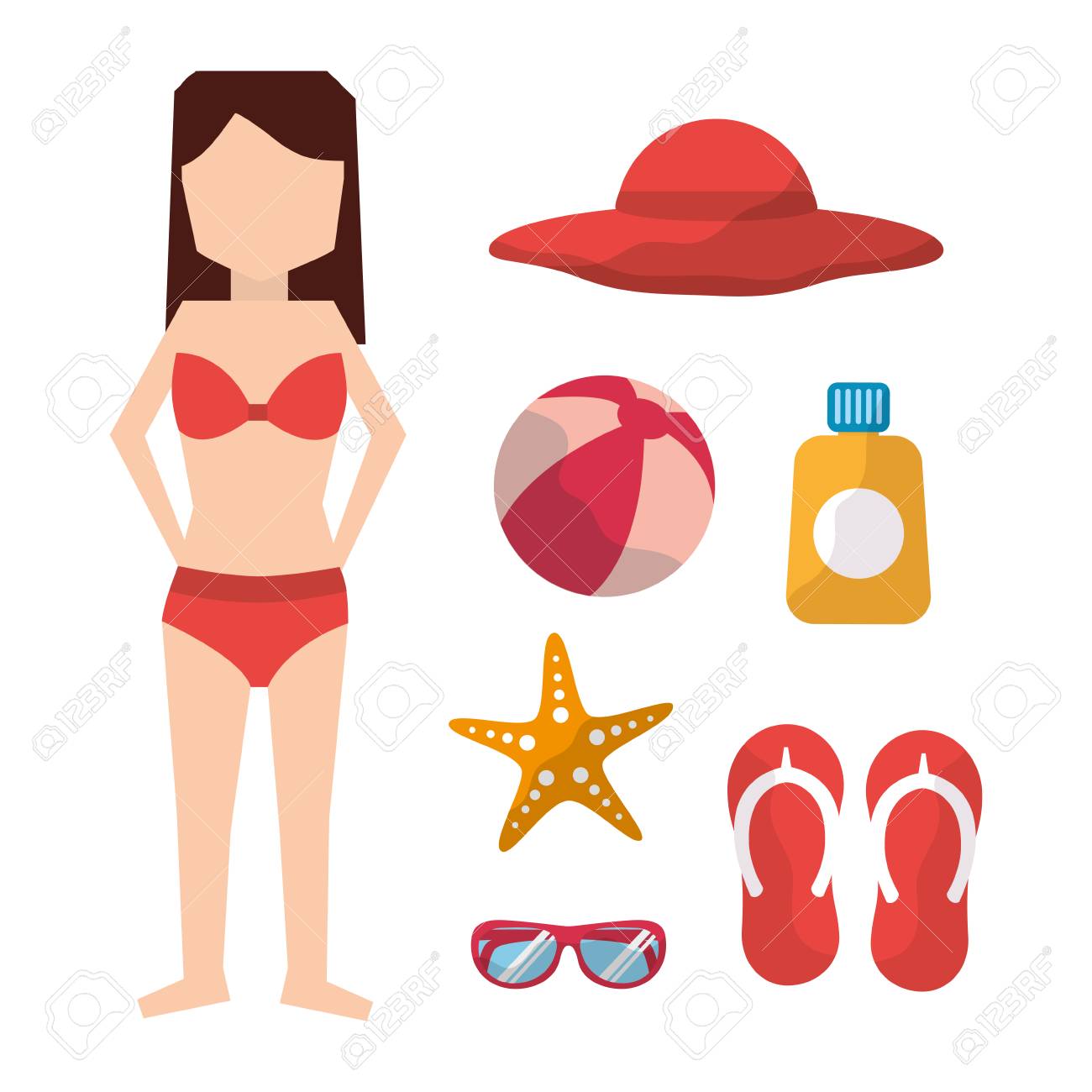Con Bikini Sombrero Sandalias Gafas De Sol Gafas De Sol Y Estrella De Mar Vectorial Ilustraciones Svg, Vectoriales, Clip Art Vectorizado Libre Derechos. Image 91366628.