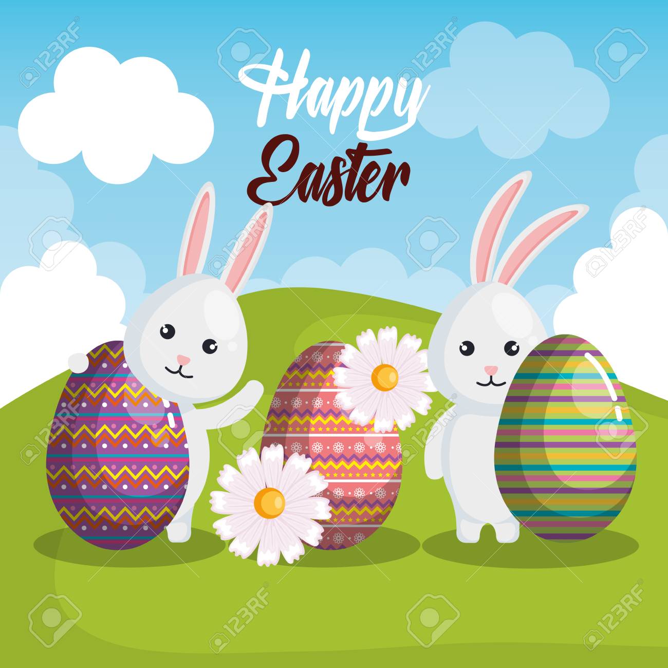 ハッピーイースターテキストイラストデザインのウサギと卵 のイラスト素材 ベクタ Image
