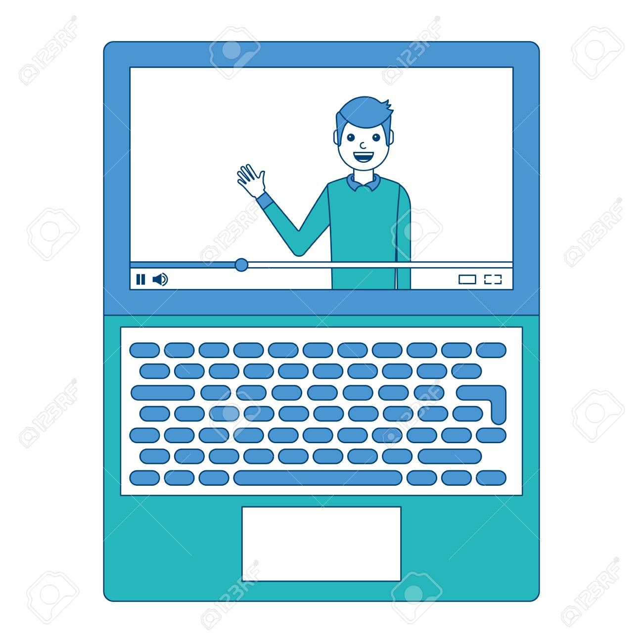 インフルエンサーが手を振るビデオコンテンツを画面に振る 画面にベクトルイラスト青と緑のデザインのイラスト素材 ベクタ Image