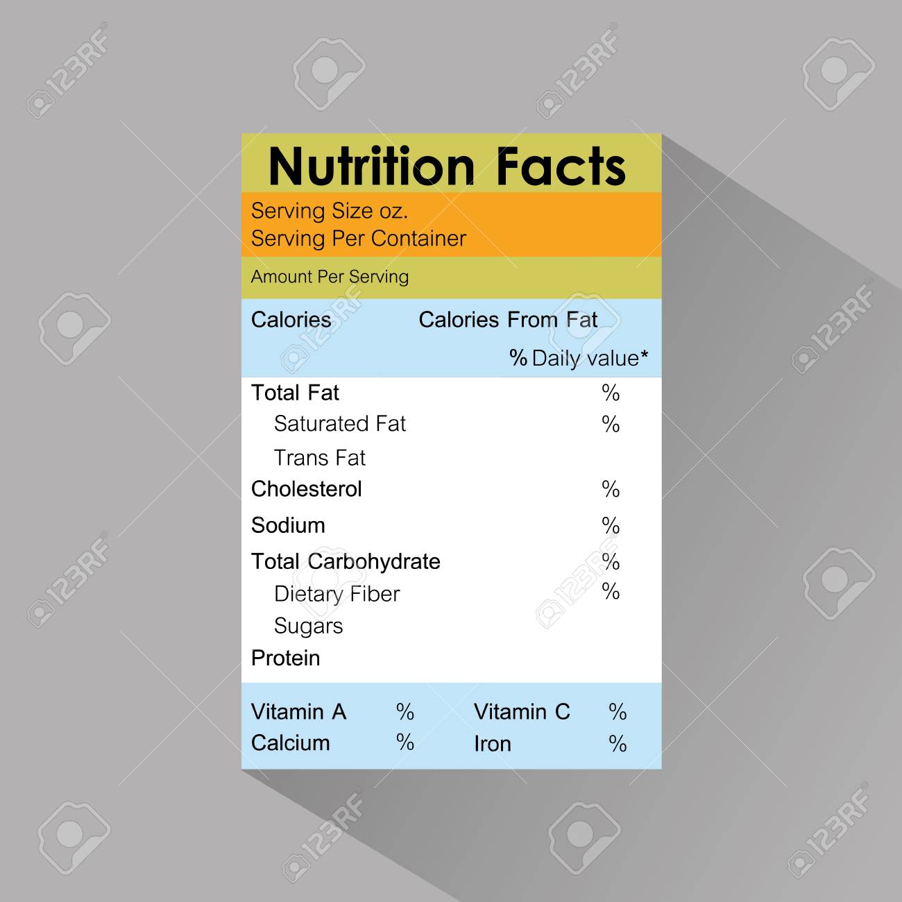nutrition facts food label template with shadow vector illustration