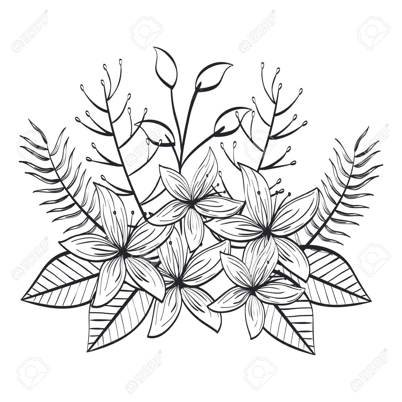 モノクロと素朴な装飾花のベクトルのイラストデザイン のイラスト素材 ベクタ Image