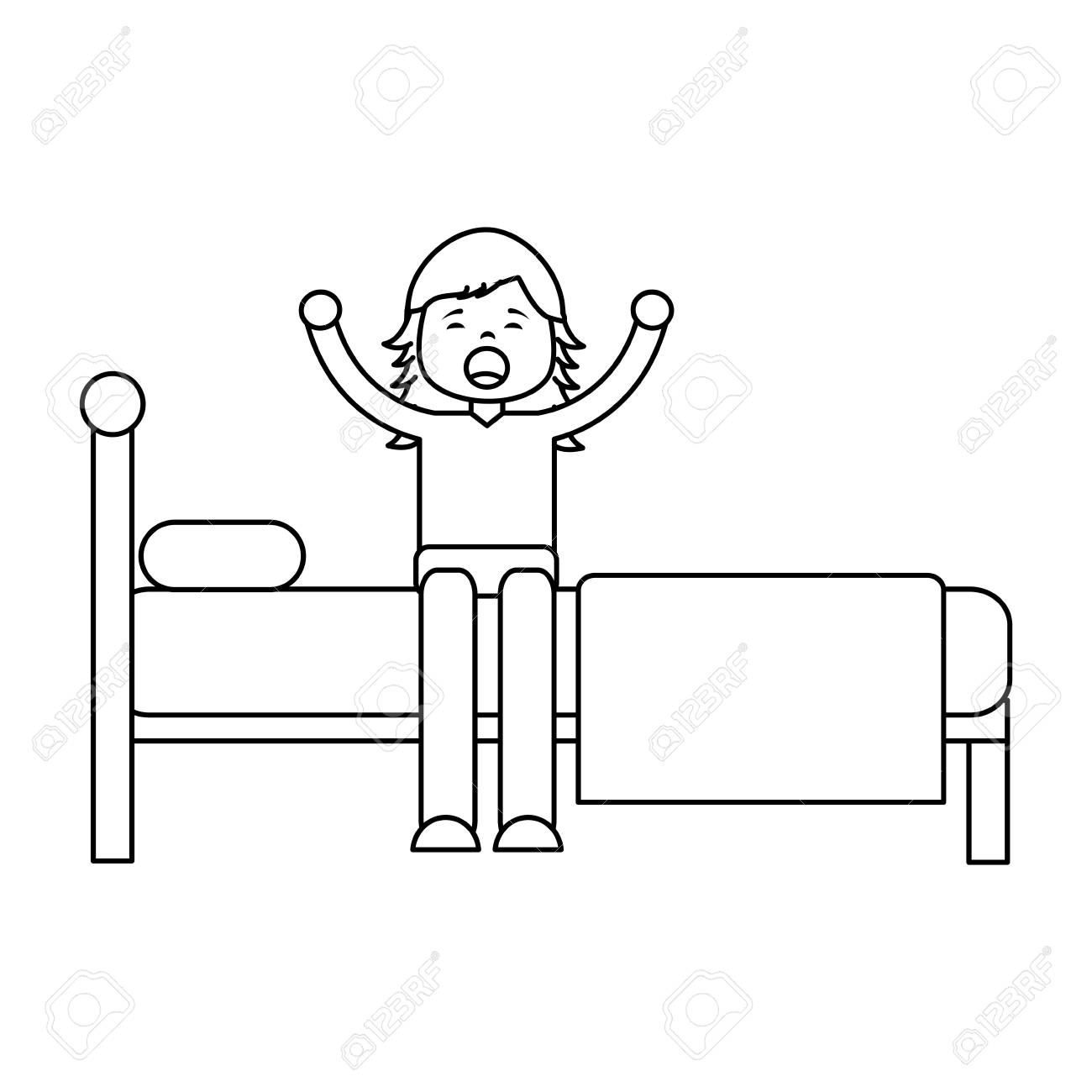 ベッドに座っている若い女の子は サイドビューベクトルイラストアウトラインデザインを目覚めストレッチ のイラスト素材 ベクタ Image