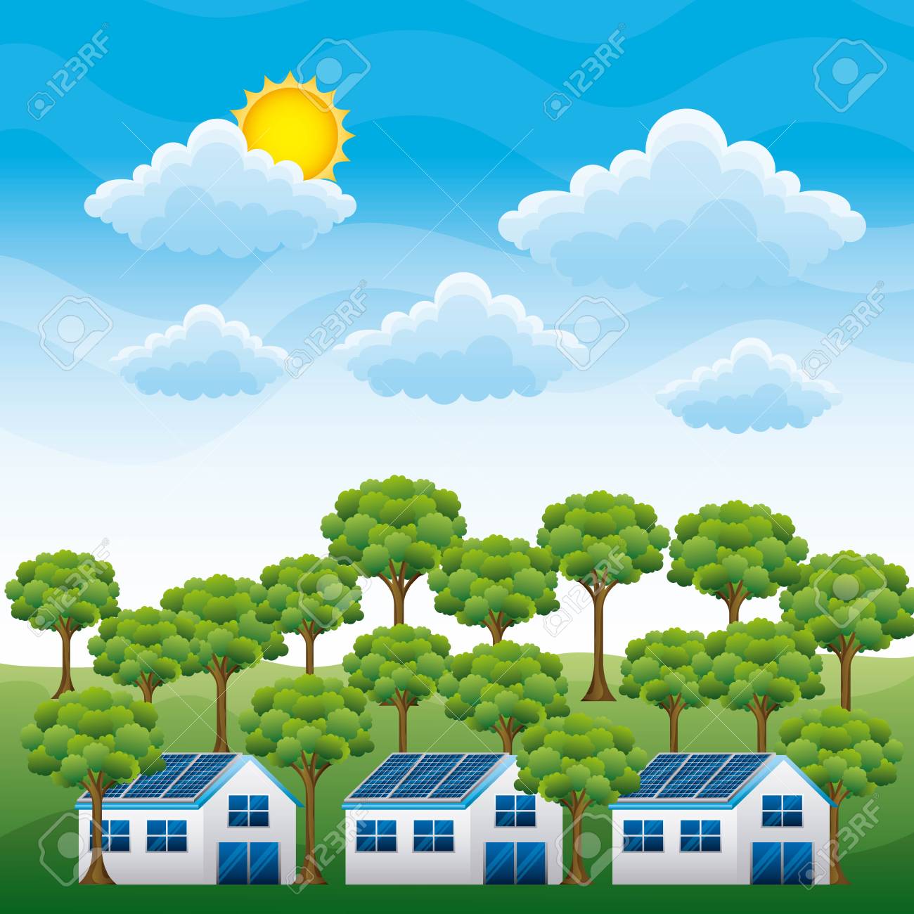 クリーンエネルギー源の風景 ソーラーパネルと森林雲の太陽ベクトルのイラストを持つ住宅のイラスト素材 ベクタ Image クリーンエネルギー源の風景 ソーラーパネルと森林雲の太陽ベクトルのイラストを持つ住宅のイラスト素材 ベクタ Image