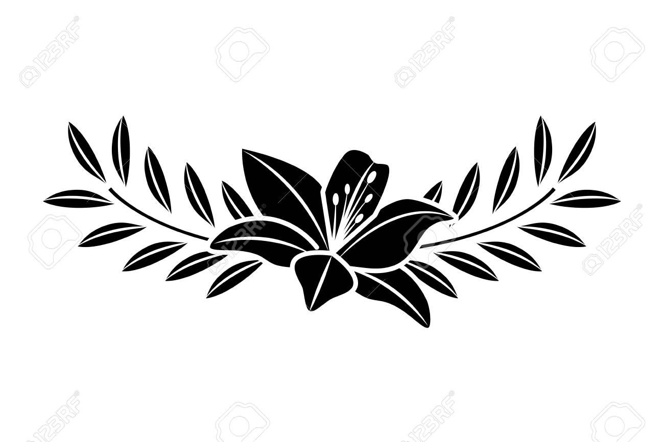 葉っぱの葉デコレーションベクターイラストブラックイメージでかわいい花ユリと枝 のイラスト素材 ベクタ Image