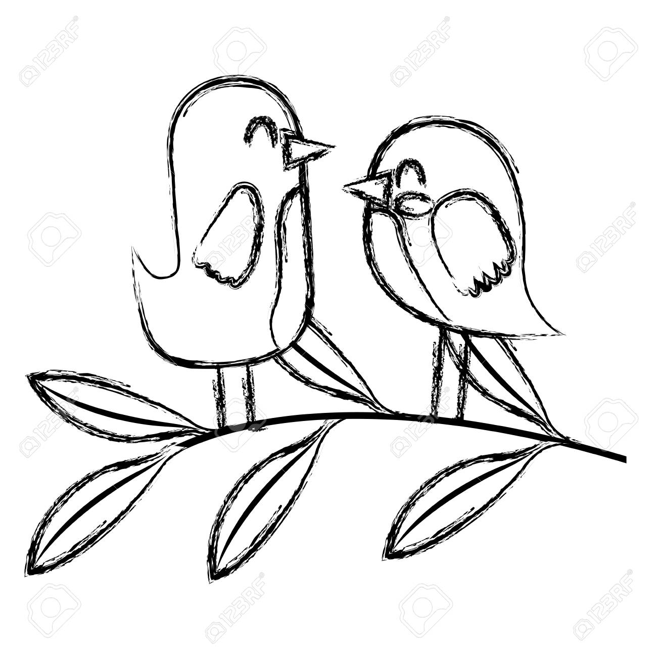 Cute Couple Birds Together In Tree Branch Vector Illustration